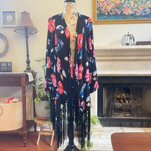 Torrid Kimono Top Womens Black Floral Open Front Fringe Trimmed‎ Bohemian  00